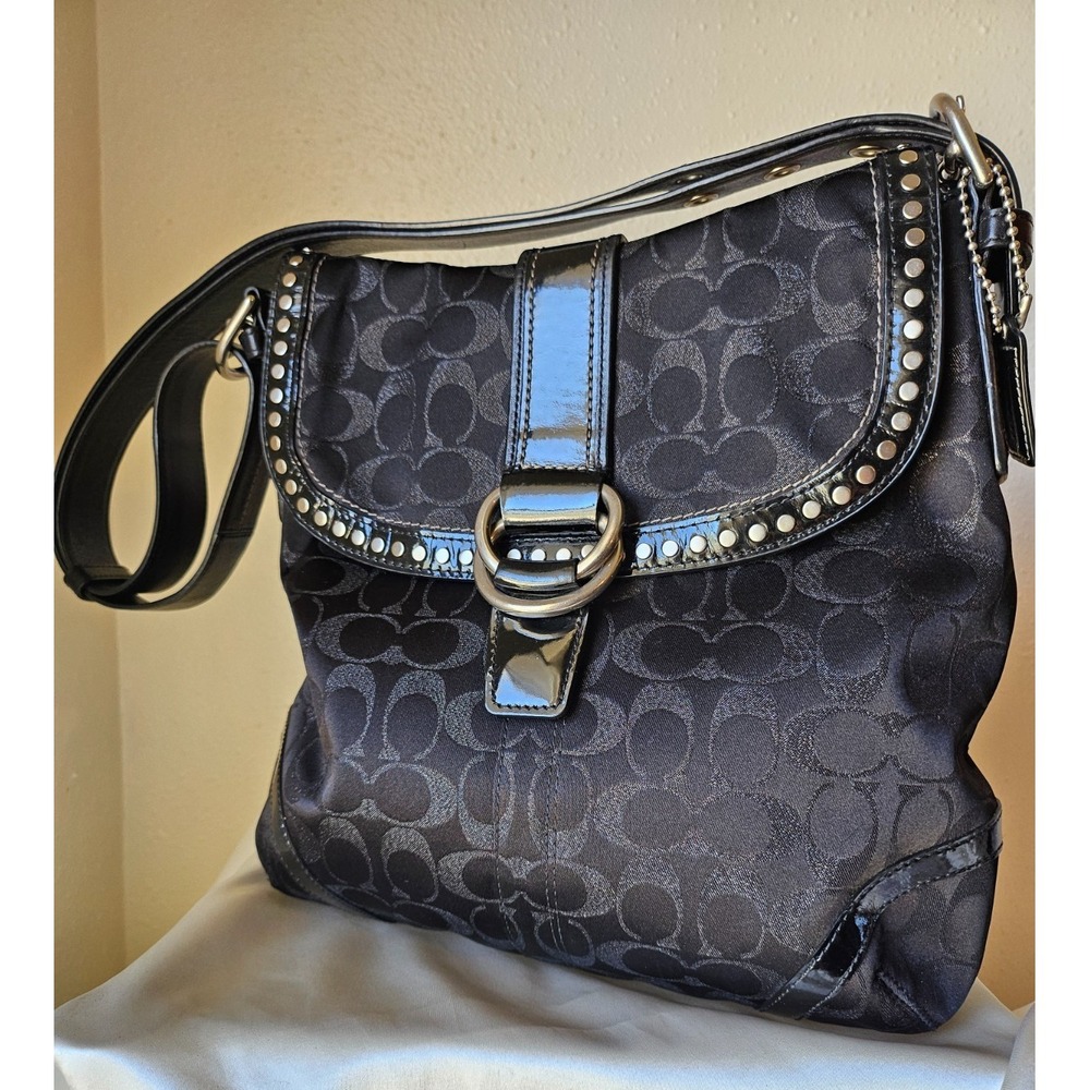 Coach F12852 Black logo studded metallic flap/saddle bag/shoulder bag/crossbody